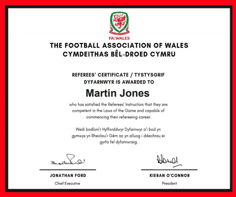 His Refs certificate, which he is very proud of